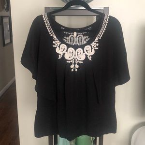 Joie black silk flowy top with white embroidery